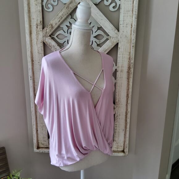 Cy Fashion Tops - Cy Fashion Women's Deep V-Neck Surplice Criss Cross Top in Baby Pink Blush